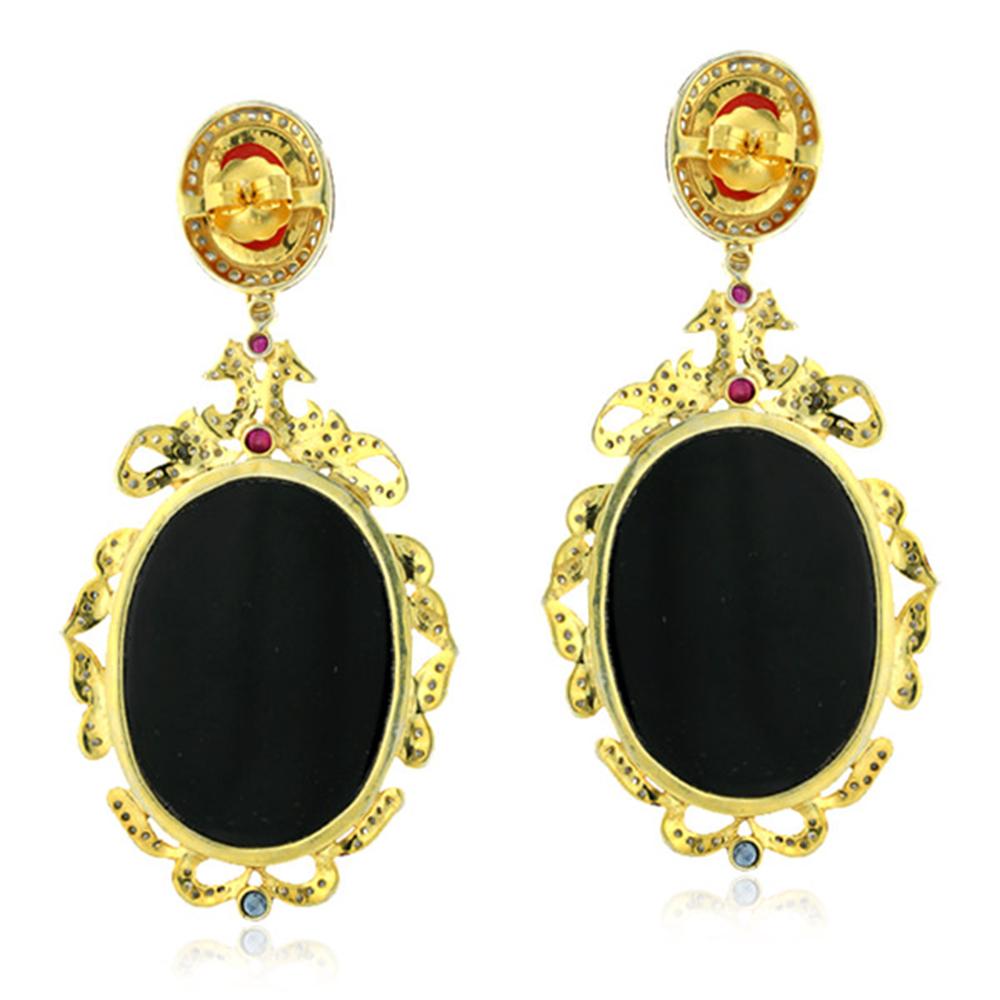 Romantic Shell Cameo Diamond Drop Earrings in Silver and 18k Gold For Sale
