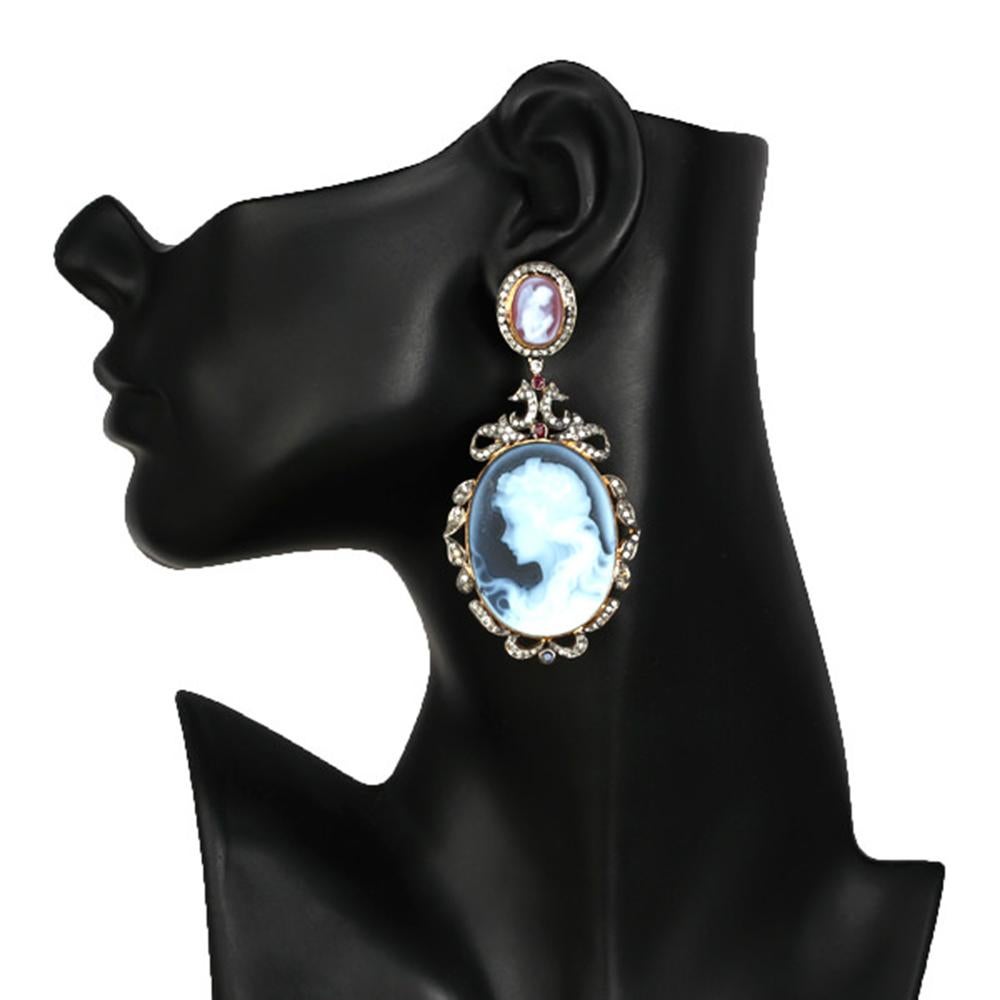 Round Cut Shell Cameo Diamond Drop Earrings in Silver and 18k Gold For Sale