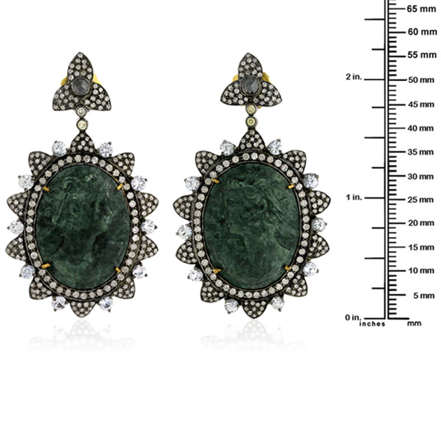Shell Cameo Earrings with Sapphire & Pave Diamonds Made in 18k Gold & Silver In New Condition For Sale In New York, NY