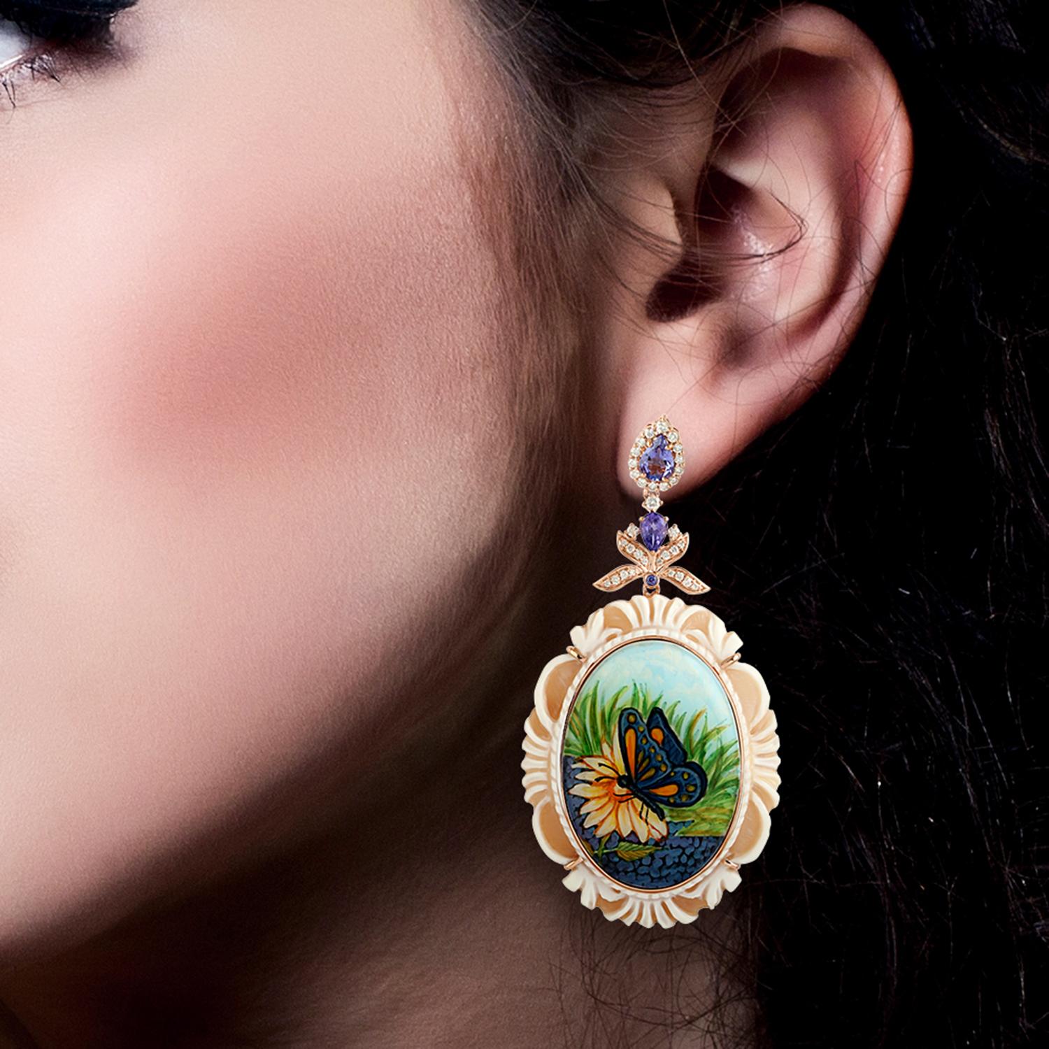 Art Deco Butterfly Painted Shell Cameo Enamel Earring wth Tanzanite & Diamond Made in 18k For Sale