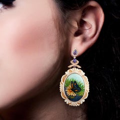 Butterfly Painted Shell Cameo Enamel Earring wth Tanzanite & Diamond Made in 18k