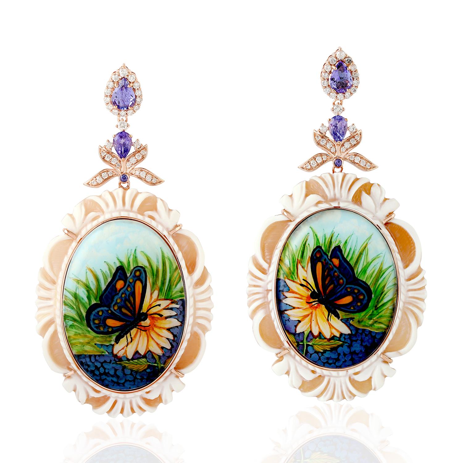 Mixed Cut Butterfly Painted Shell Cameo Enamel Earring wth Tanzanite & Diamond Made in 18k For Sale
