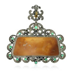 Shell Cameo Pendant with Diamonds and Emeralds Made In 18k Gold & Silver
