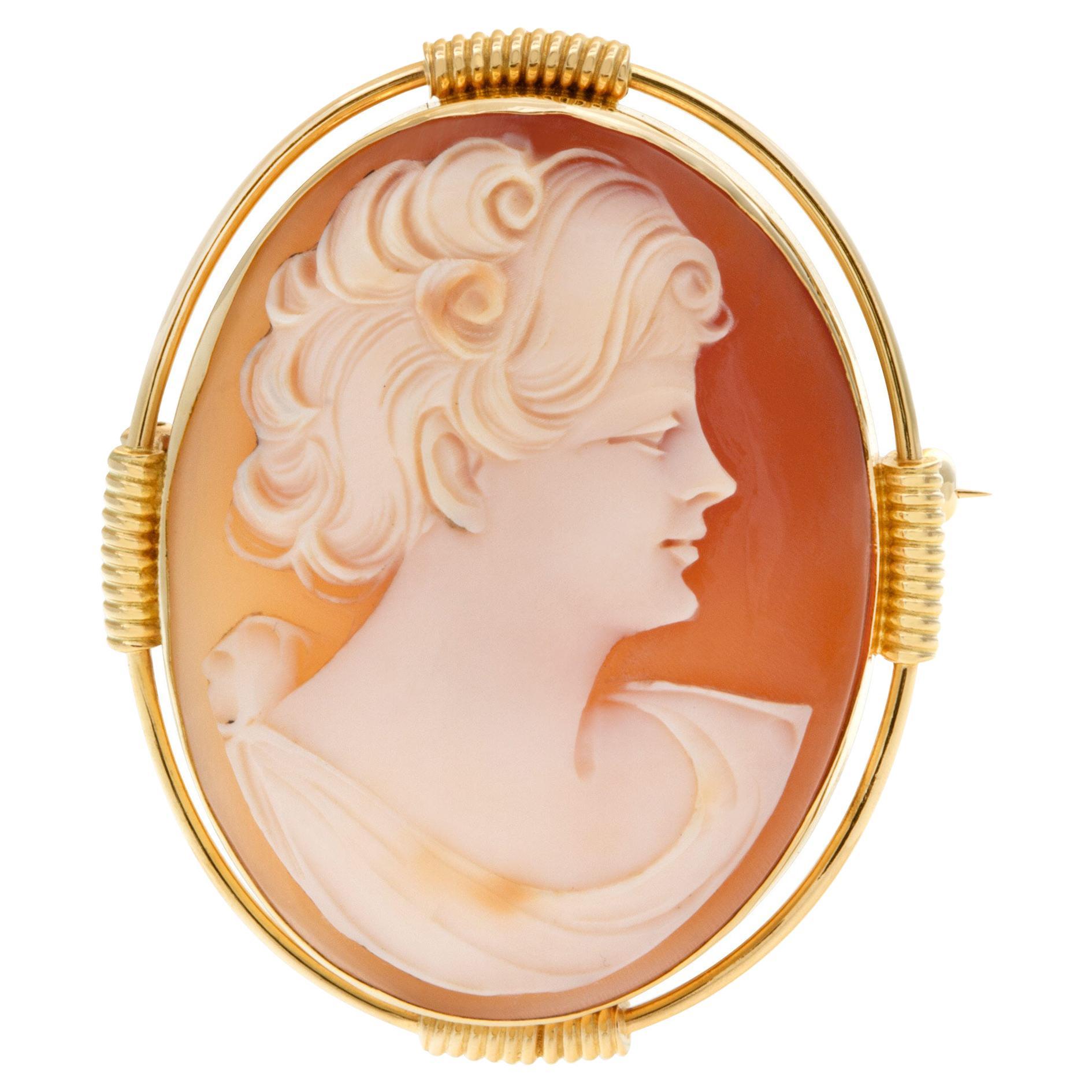 Shell Cameo Pin / Pendant Portrait of a Short Hair Lady Set in 14k Yellow Gold