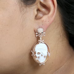 Shell Cameo Pirate Skull Earrings With Pave Diamonds Skull Made In 18k Rose Gold