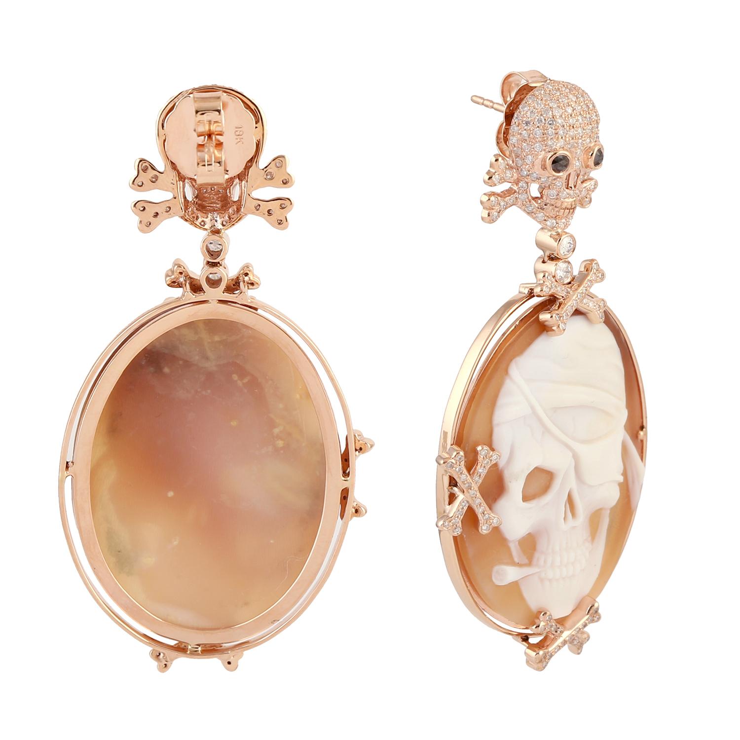 Contemporary Shell Cameo Pirate Skull Earrings With Pave Diamonds Skull Made In 18k Rose Gold For Sale