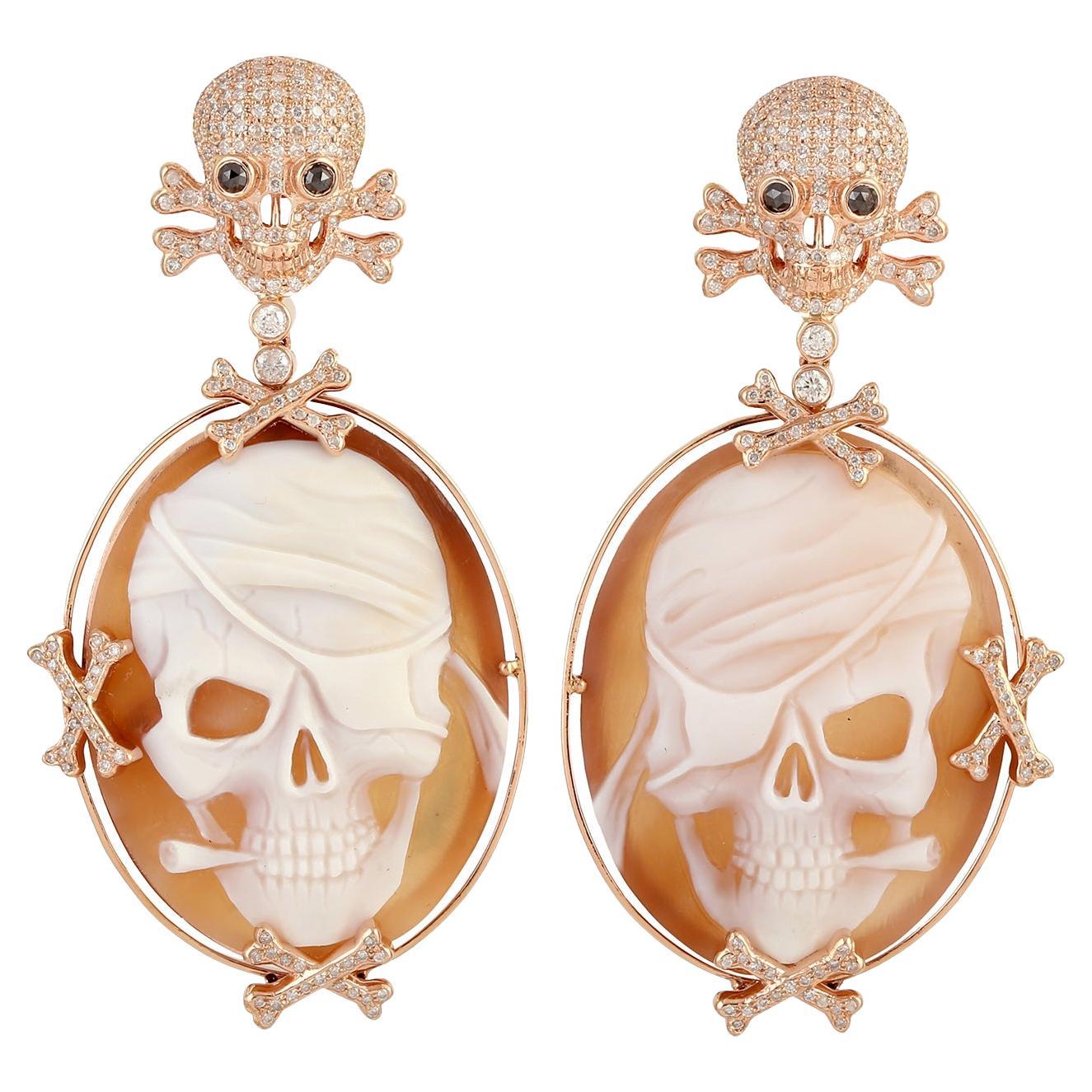 Shell Cameo Pirate Skull Earrings With Pave Diamonds Skull Made In 18k Rose Gold For Sale