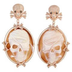 Shell Cameo Pirate Skull Earrings With Pave Diamonds Skull Made In 18k Rose Gold