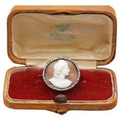 Antique Shell Cameo Rose-cut Diamonds Apollo 56 Hallmark Russian Brooch Boxed, 1900