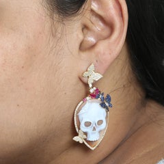 Shell Cameo Skull Carving & Butterfly Earrings With Sapphire, Diamonds & Ruby