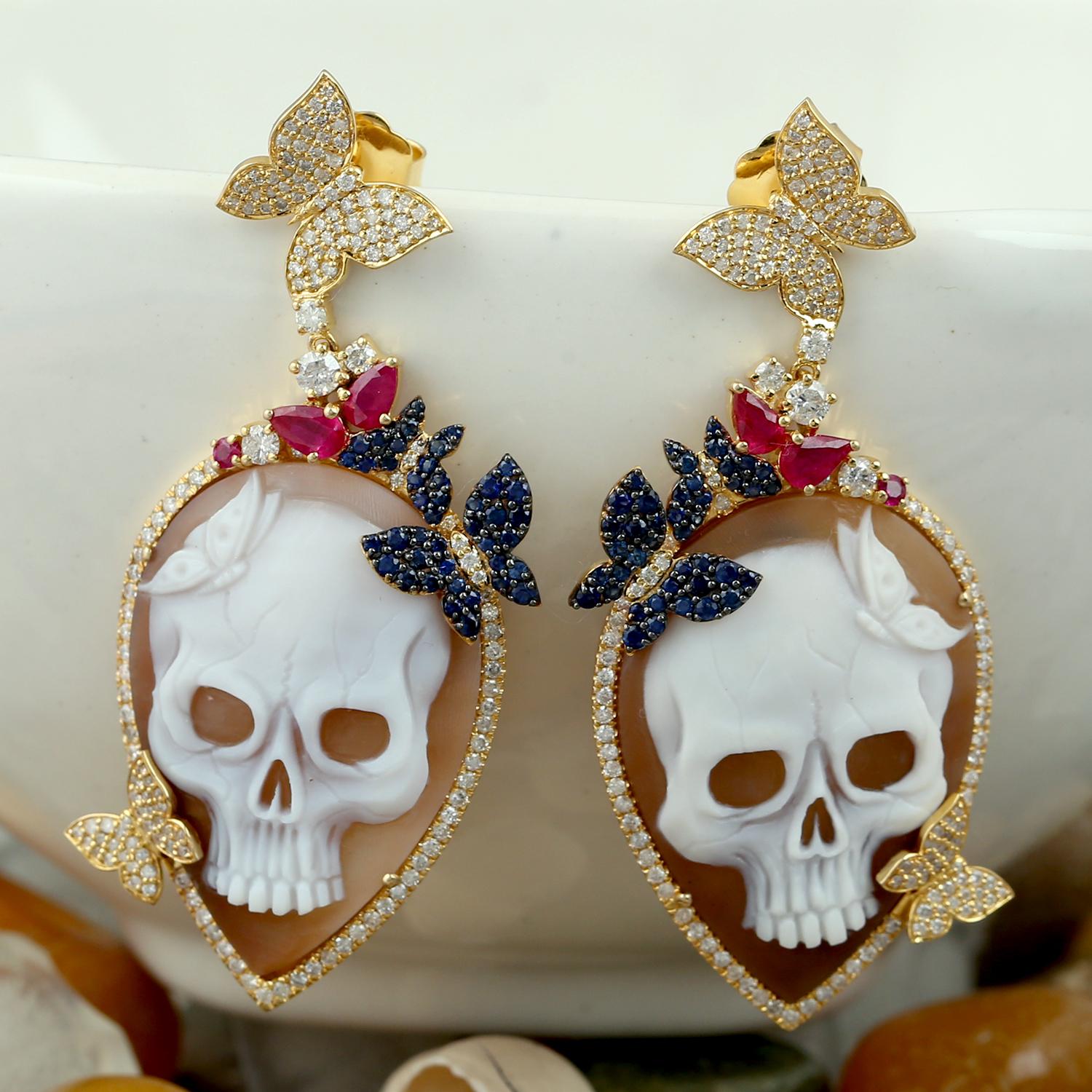Artisan Shell Cameo Skull Carving & Butterfly Earrings With Sapphire, Diamonds & Ruby