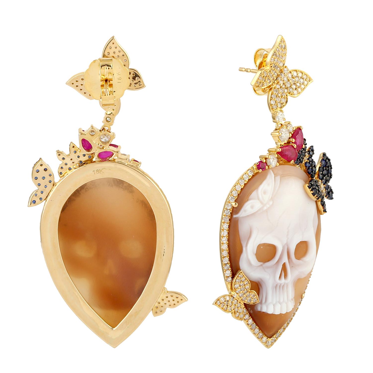 Mixed Cut Shell Cameo Skull Carving & Butterfly Earrings With Sapphire, Diamonds & Ruby