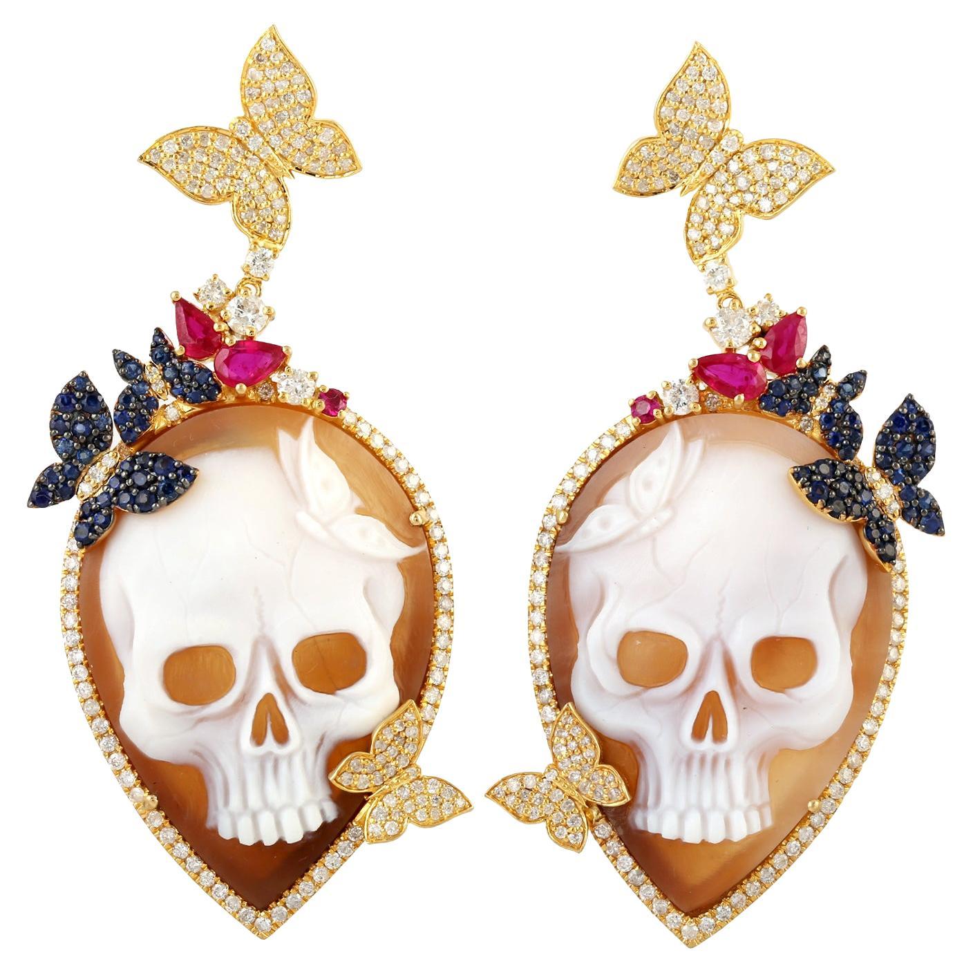 Shell Cameo Skull Carving & Butterfly Earrings With Sapphire, Diamonds & Ruby