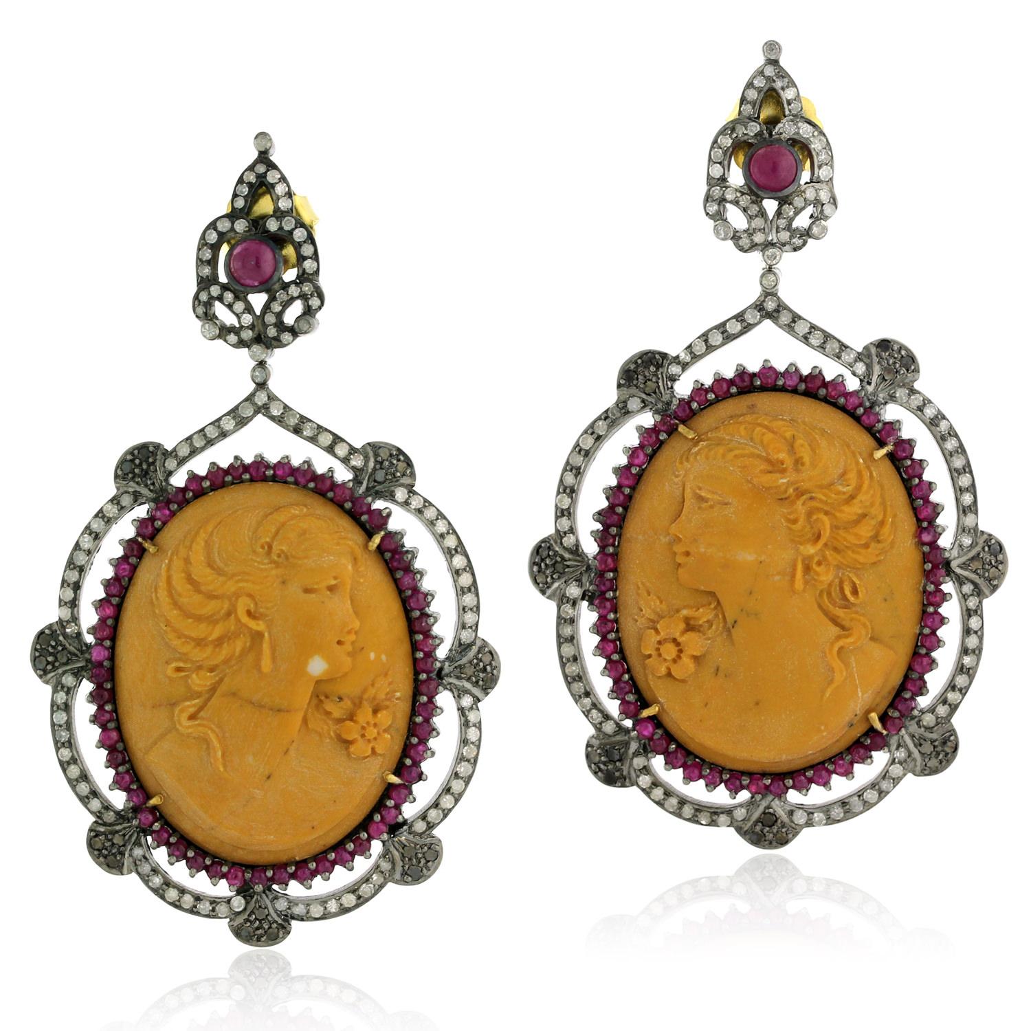 Mixed Cut Carved Sardonyx  Cameo Dangle Earrings With Ruby & Diamonds In 18k Gold For Sale
