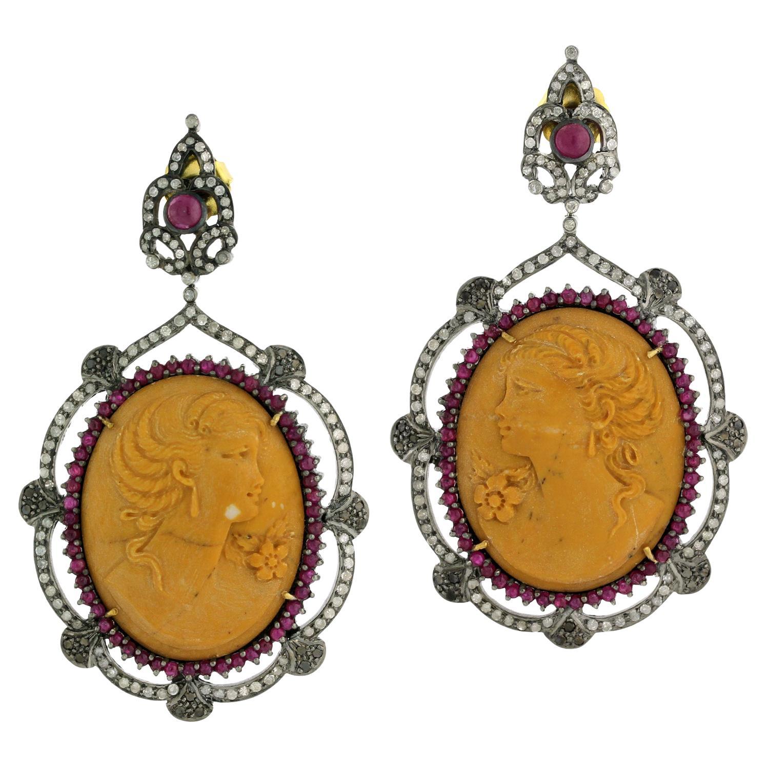 Carved Sardonyx  Cameo Dangle Earrings With Ruby & Diamonds In 18k Gold