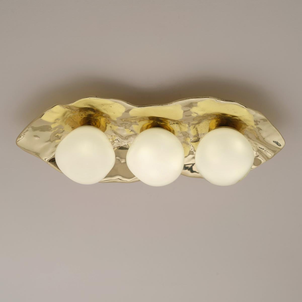 Die Deckenleuchte Shell ist aus Messing geschmiedet und bildet eine organische Muschel, in die drei unserer mundgeblasenen Sfera-Gläser aus Murano eingebettet sind.

Auf den ersten Bildern ist die Leuchte in poliertem Messing abgebildet - die