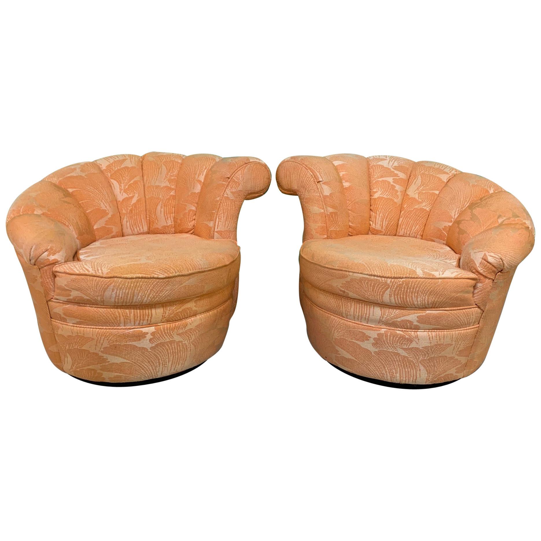 Shell Channel Back Tufted Nautilus Swivel Chairs, a Pair