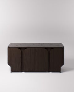 Shell Console Table in Natural Oak Veneer and Lava Stone by Pendhapa