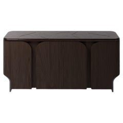 Shell Console Table in Natural Oak Veneer and Lava Stone by Pendhapa
