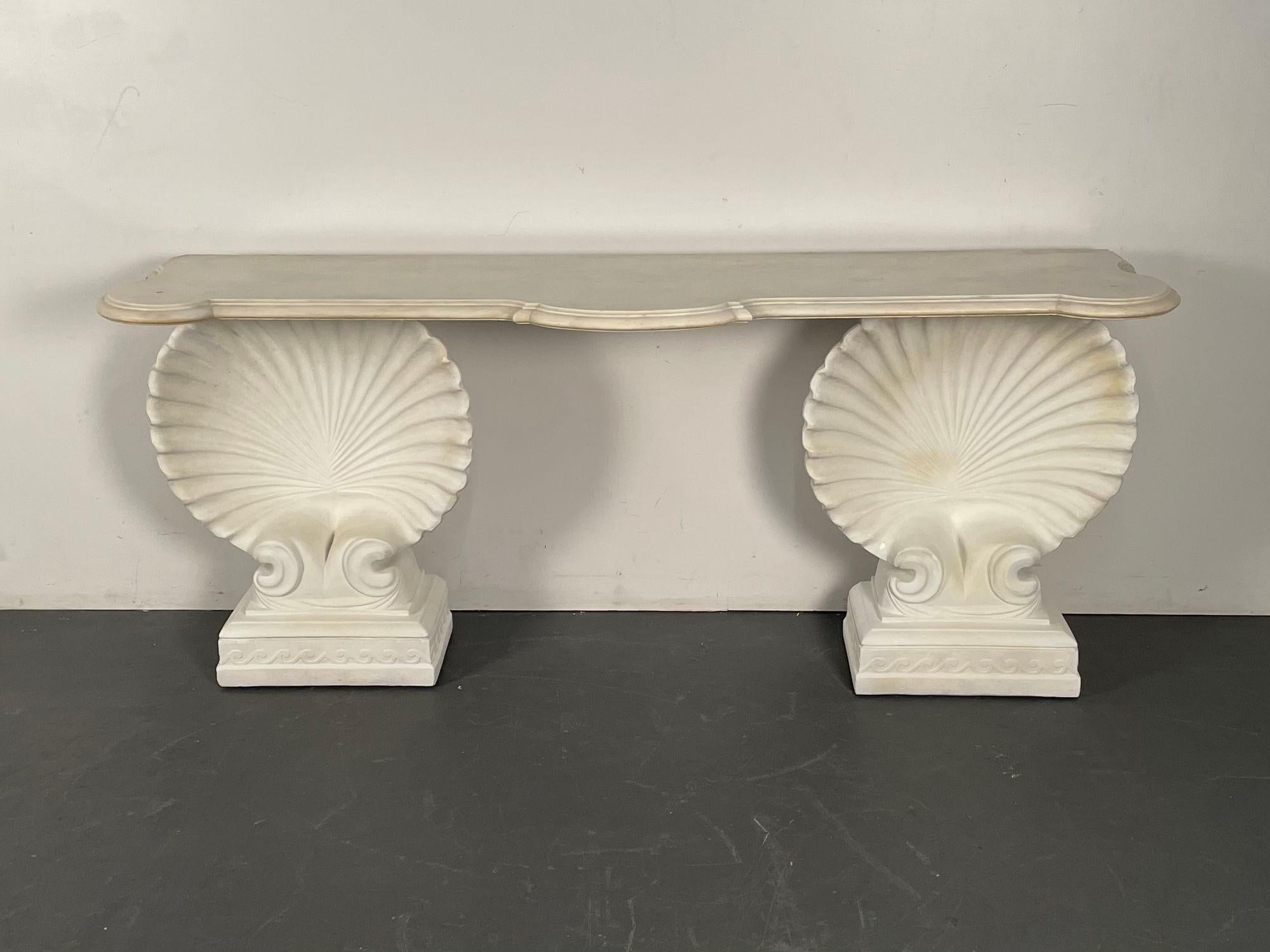Cast Stone Shell Console Table, Marble and Stone Pedestal, Early 20th Century, Industrial