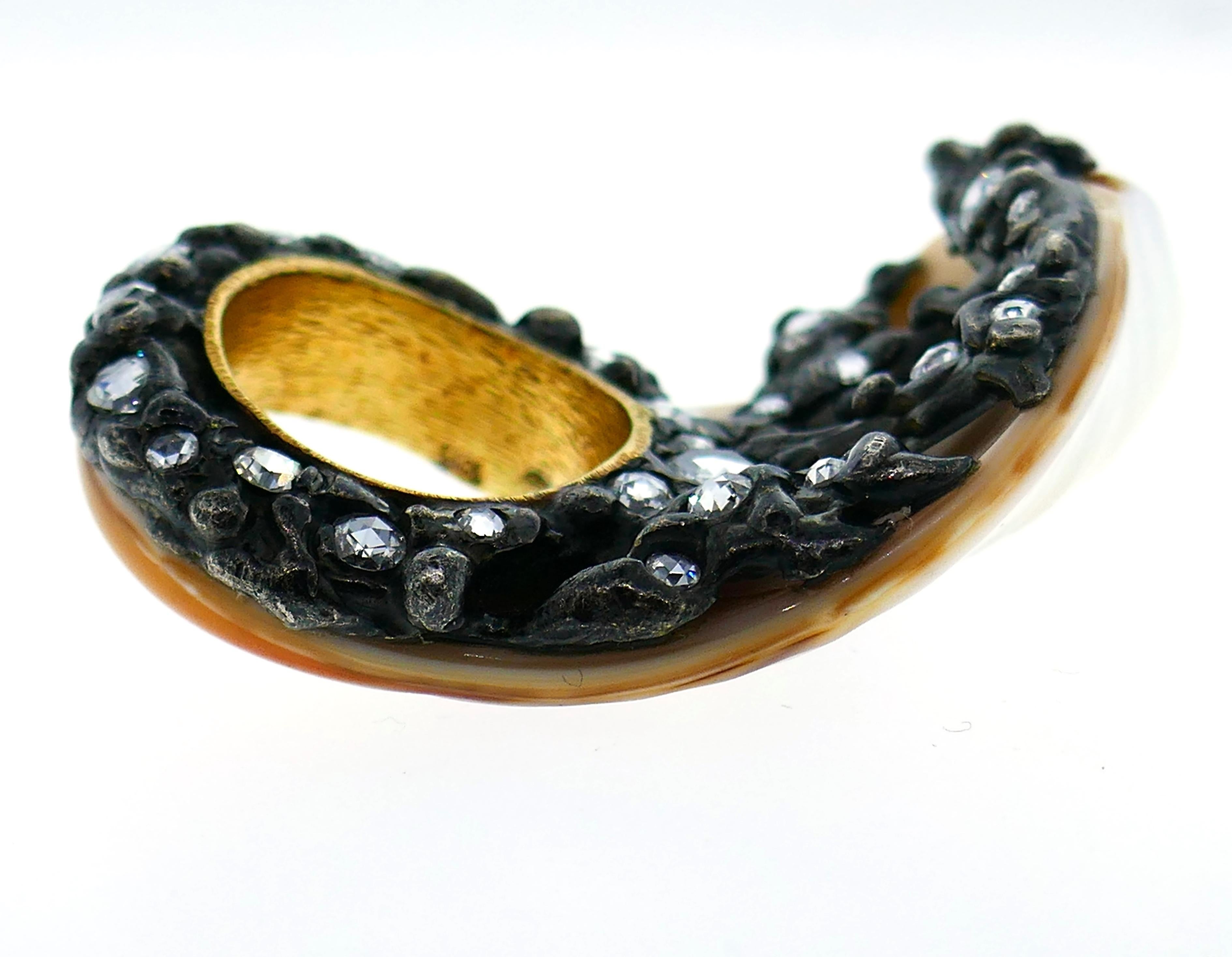 Shell Diamond Blackened Gold Ring For Sale 2