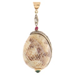 Vintage 14kt Gold & Silver Shell Pendant with Diamonds & Ruby, Italy