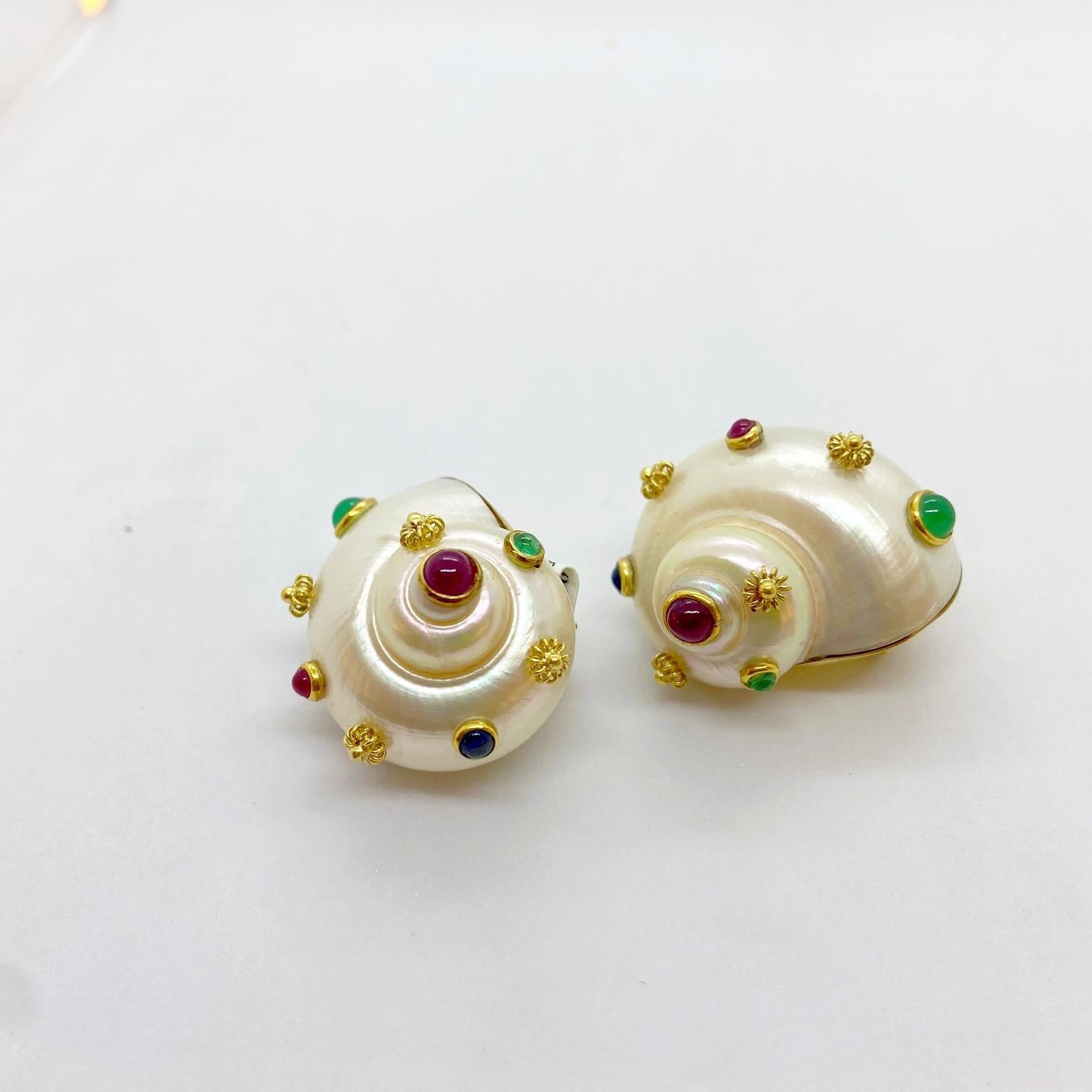 Retro Shell Ear Clips with 18 Karat Yellow Gold, Ruby, Emerald and Sapphire For Sale