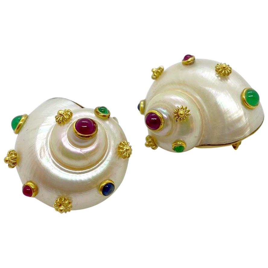 Shell Ear Clips with 18 Karat Yellow Gold, Ruby, Emerald and Sapphire For Sale