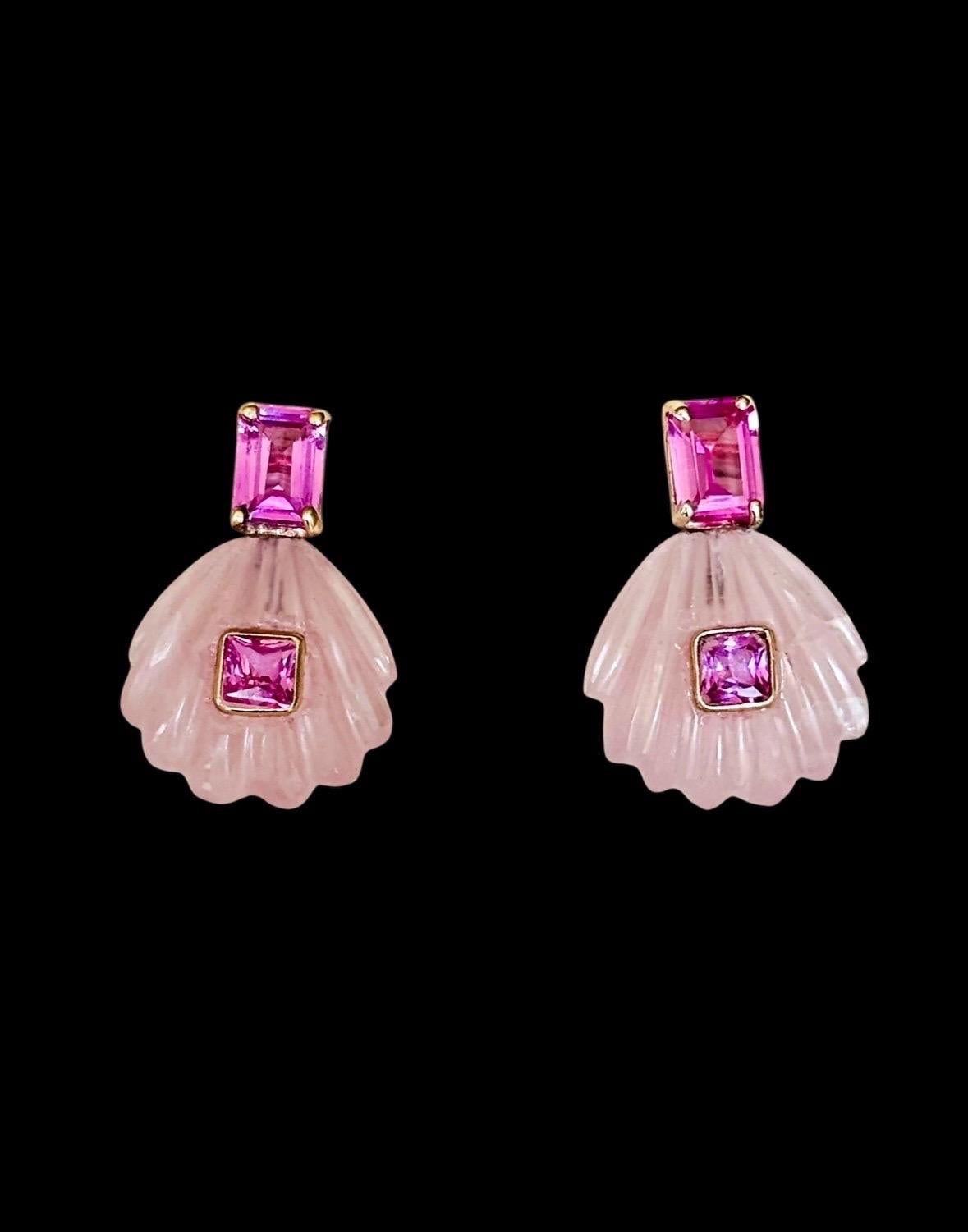 Boucles d'oreilles coquillage

Quartz rose, topaze rose, or 14k

Coquilles de quartz rose sculptées (15 mm de diamètre) avec des pierres précieuses en topaze rose. Les topazes roses carrées centrales sont des carrés de 4 mm de côté et sont