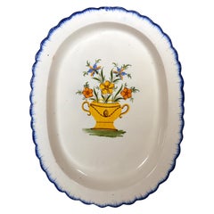 Shell-Edged Large  Prattware Oval Dish Painted with an Urn of Flowers