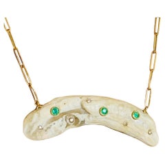 Shell, Emeralds, Diamonds and 14k Gold on Paperclip Chain Necklace