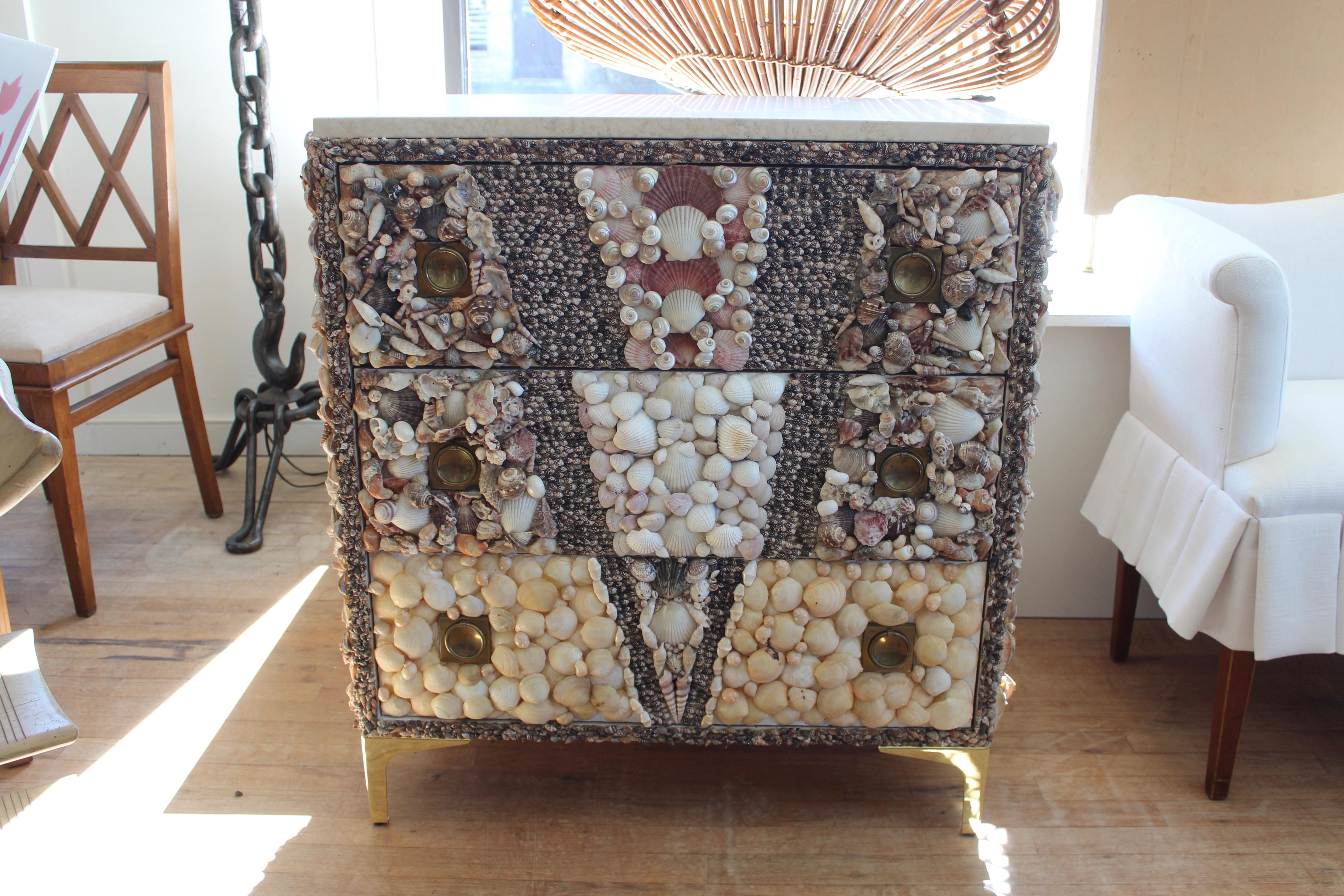 Shell Encrusted Campaign Style Chest In Excellent Condition In East Hampton, NY