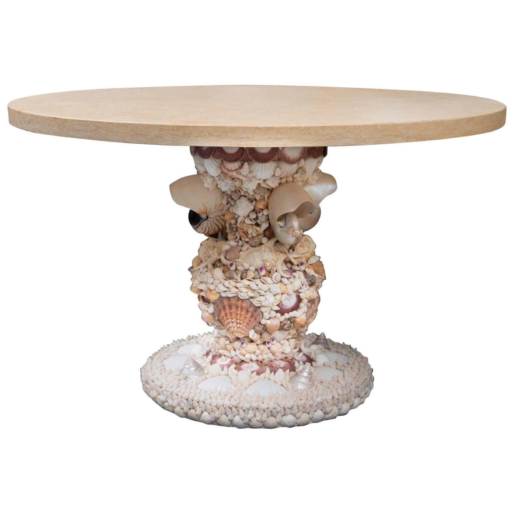 Shell Encrusted Center Table with Limestone Top