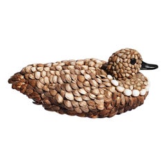 Vintage Shell Encrusted Mallard Duck Decoy in Brown Black and White, 1930s