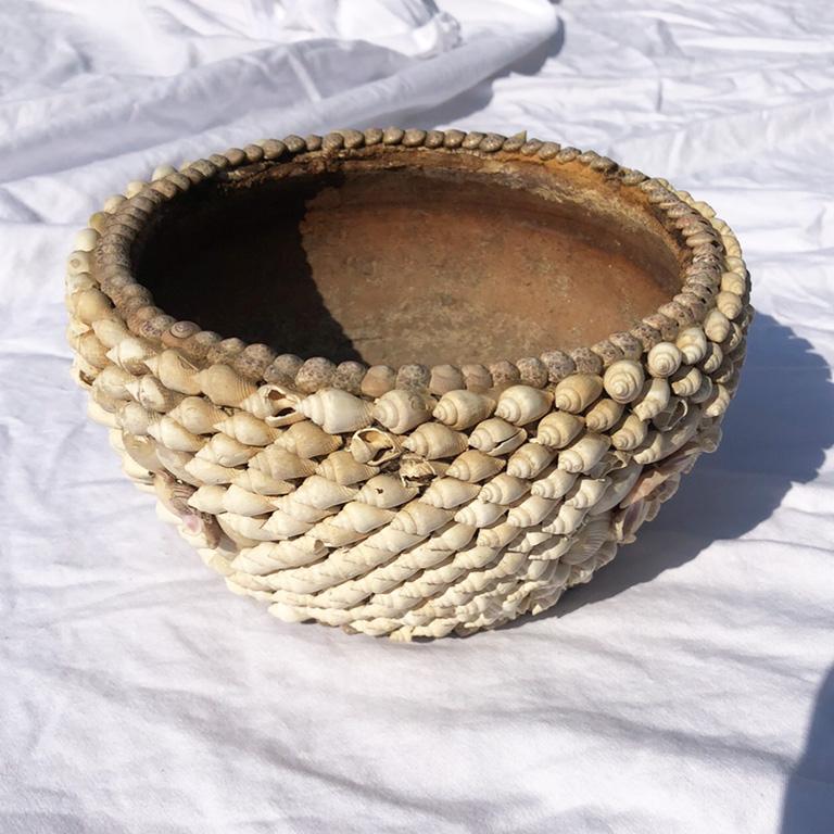 Tribal Shell Encrusted Planter or Bowl Mid Century Folk Art
