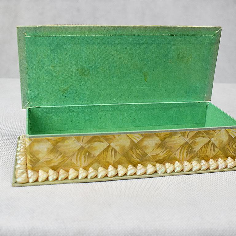 English Shell Encrusted Rectangular Keepsake Box with Green Silk Lid For Sale