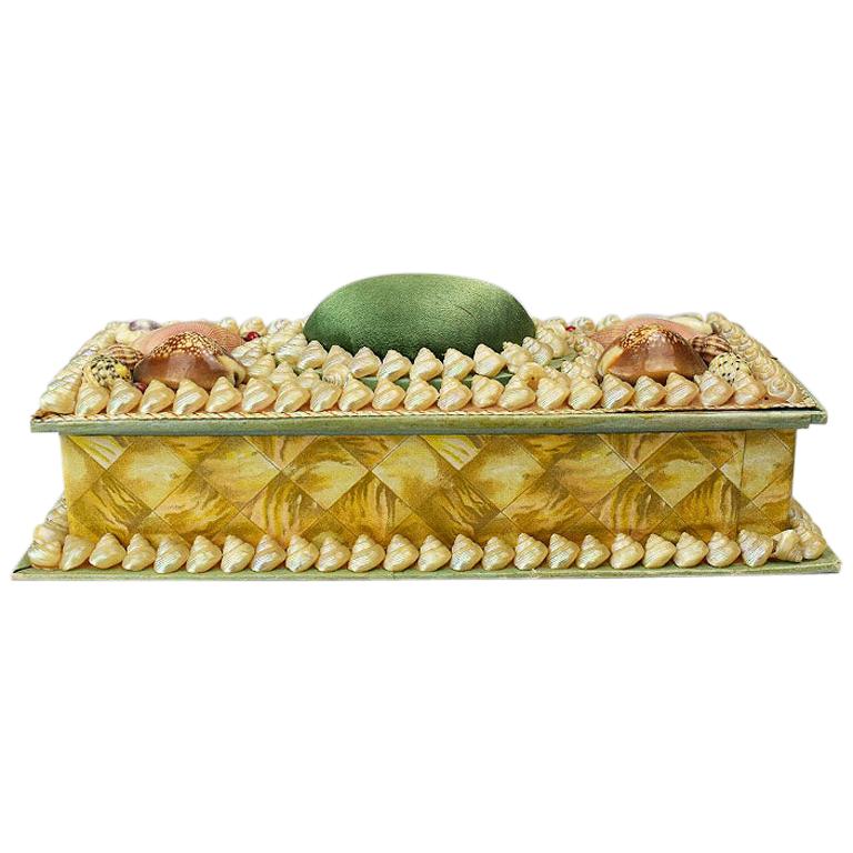 Shell Encrusted Rectangular Keepsake Box with Green Silk Lid For Sale ...