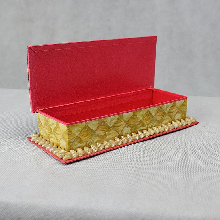 Folk Art Shell Encrusted Rectangular Keepsake Box with Red Silk Lid For Sale