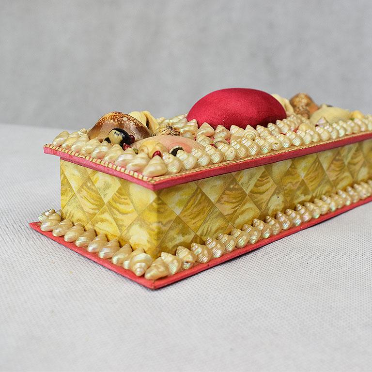 English Shell Encrusted Rectangular Keepsake Box with Red Silk Lid For Sale