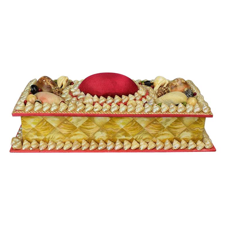 Shell Encrusted Rectangular Keepsake Box with Red Silk Lid For Sale
