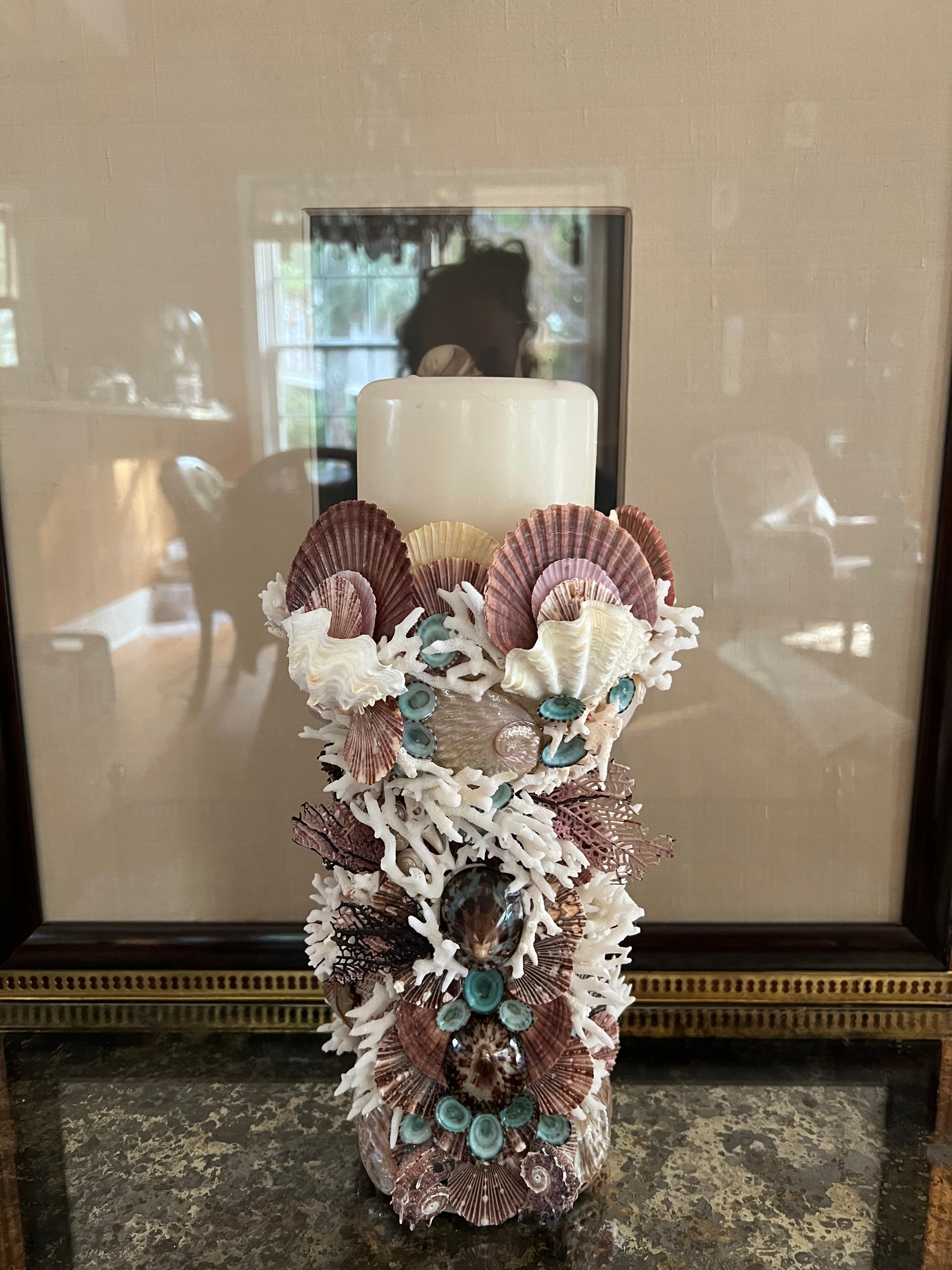 This shell grotto candle, flower holder inspired by the sea is an elegant display of shells for your surroundings. Creating a space of beauty and wonder wherever they are displayed.
Add beauty to your table top, fireplace mantle, covered porch
