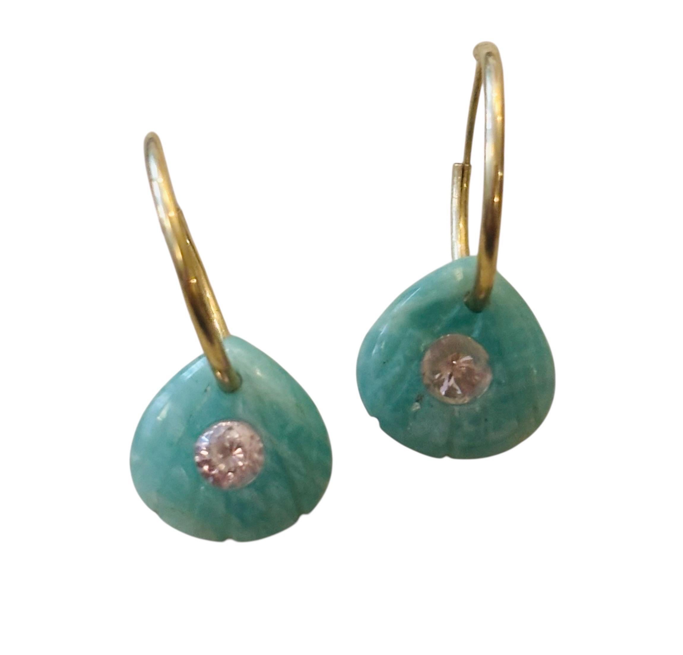 Shell Hoop Earrings, Amazonite, Diamonds, Pink Tourmaline & 14k Gold In New Condition For Sale In New York, NY