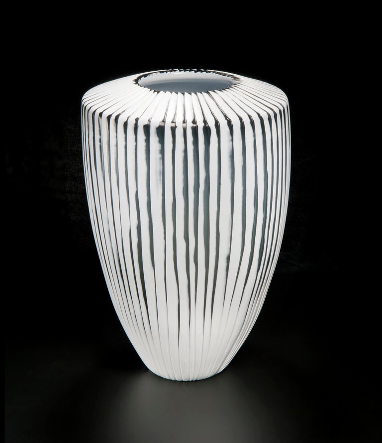 Blown Glass Shell II, a Unique white & slate grey Art Glass Vase by Laura Birdsall For Sale