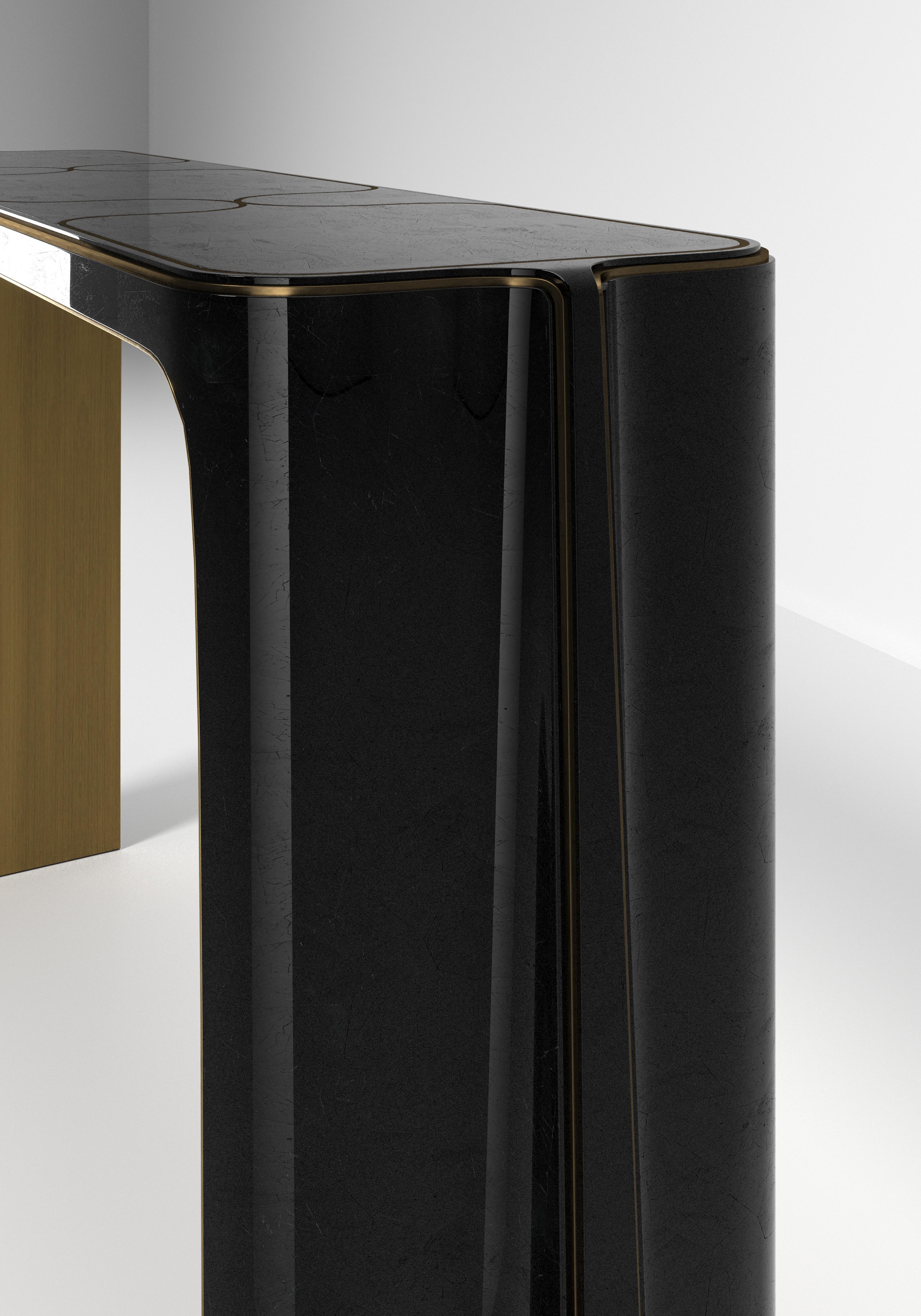 Art Deco Shell Inlaid Console Table with Bronze Patina Brass Details by R&Y Augousti For Sale