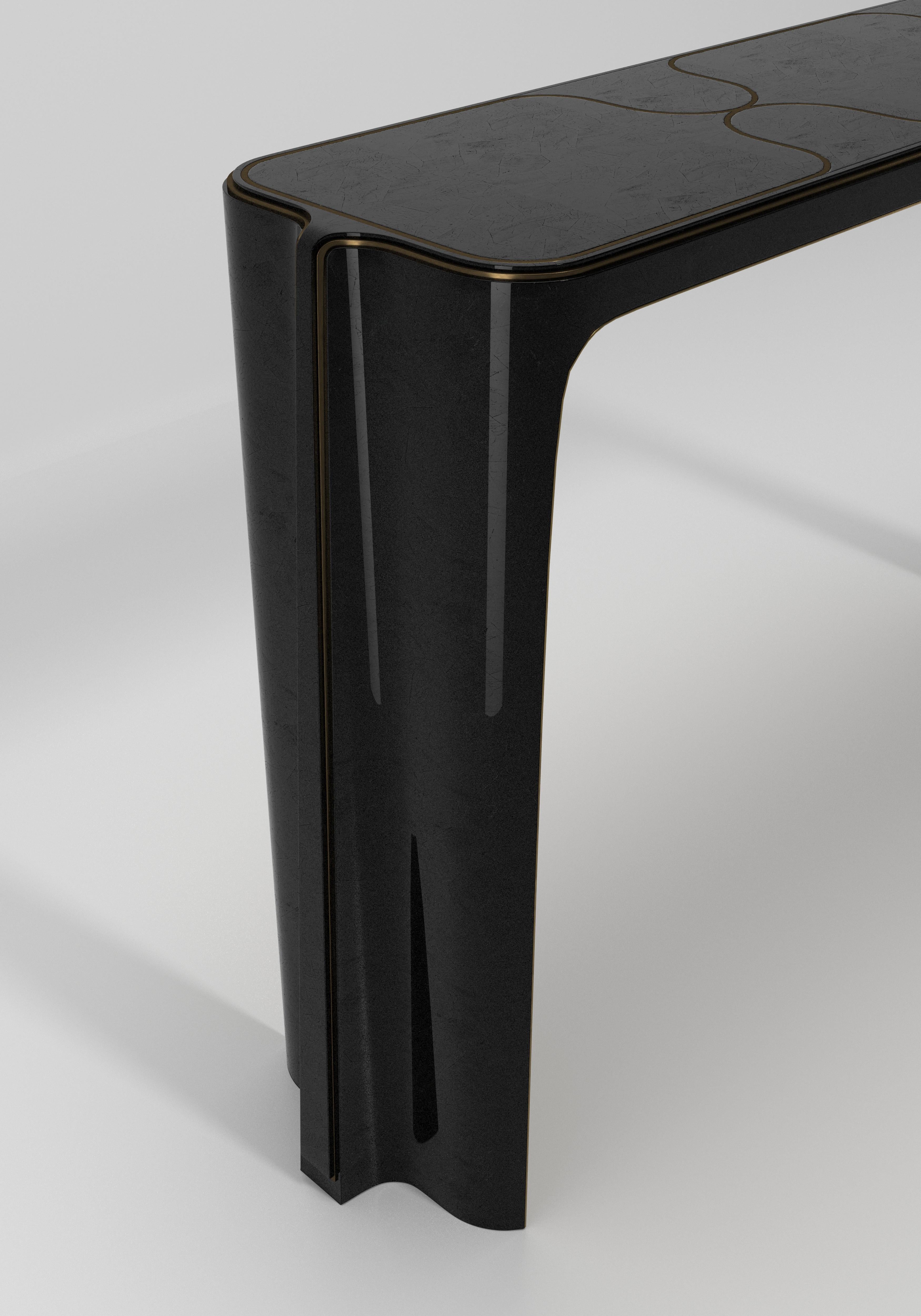 Hand-Crafted Shell Inlaid Console Table with Bronze Patina Brass Details by R&Y Augousti For Sale