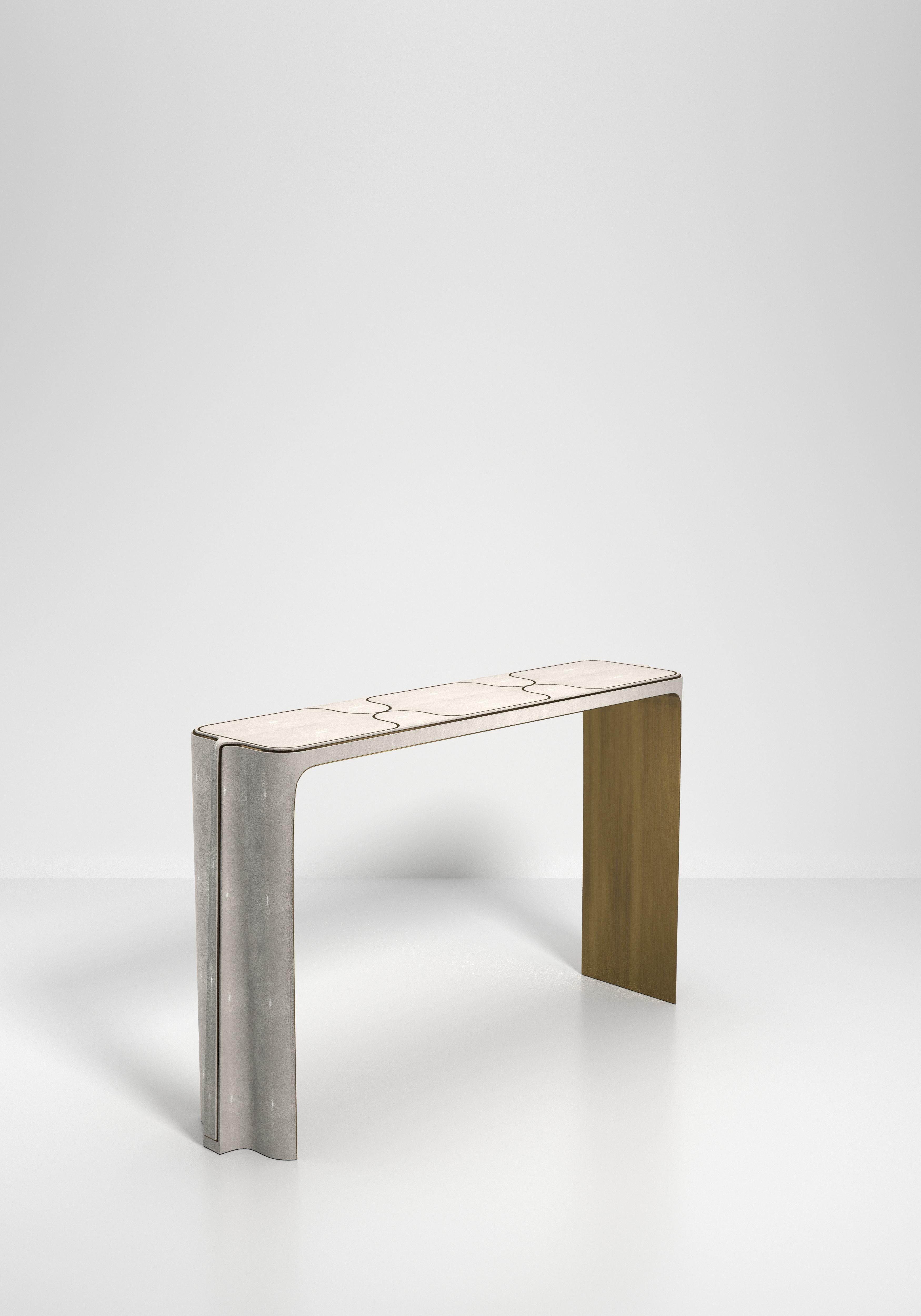 Contemporary Shell Inlaid Console Table with Bronze Patina Brass Details by R&Y Augousti For Sale