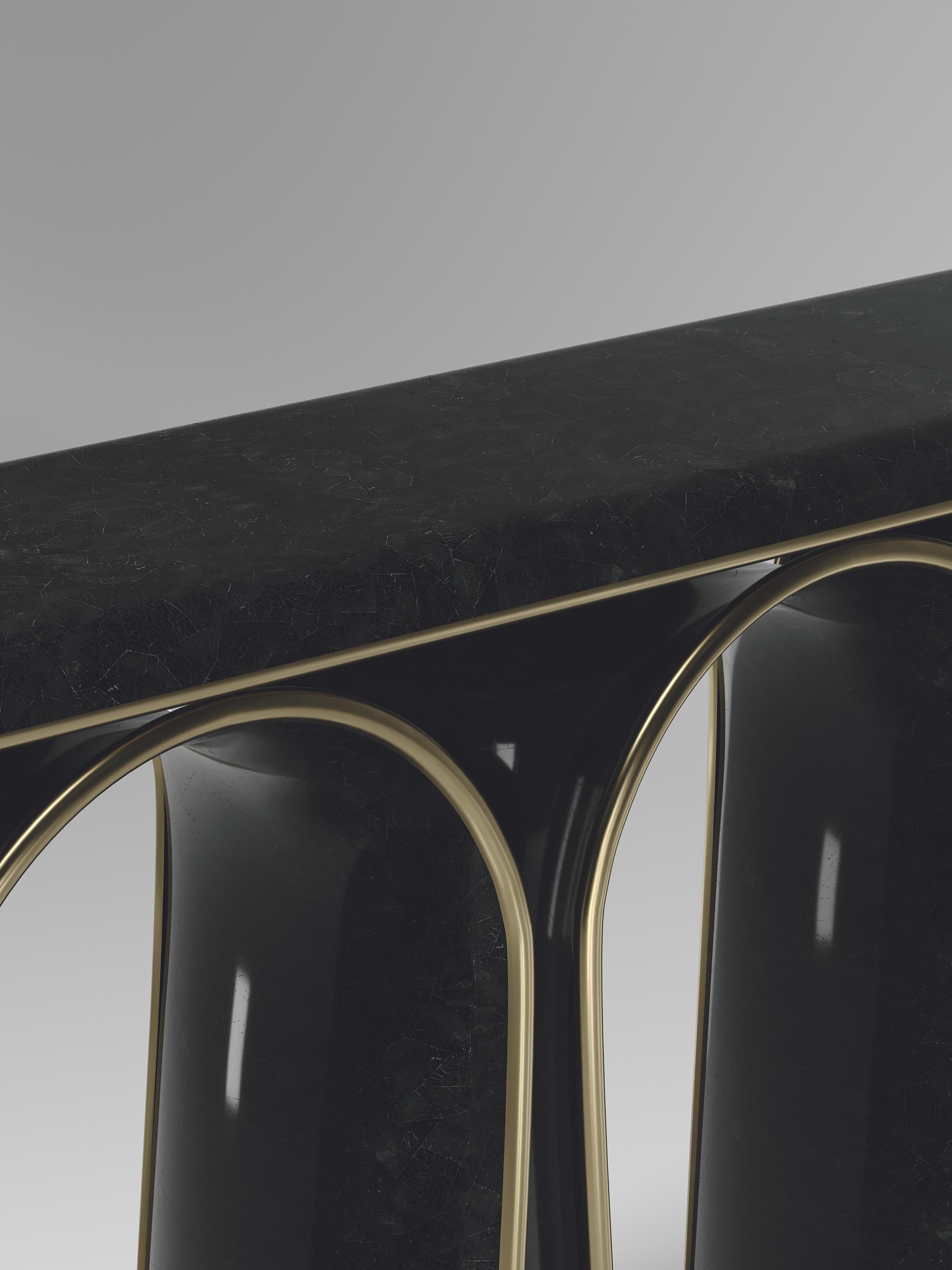 Hand-Crafted Shell Inlaid Console with Bronze-Patina Brass Details by R&Y Augousti For Sale
