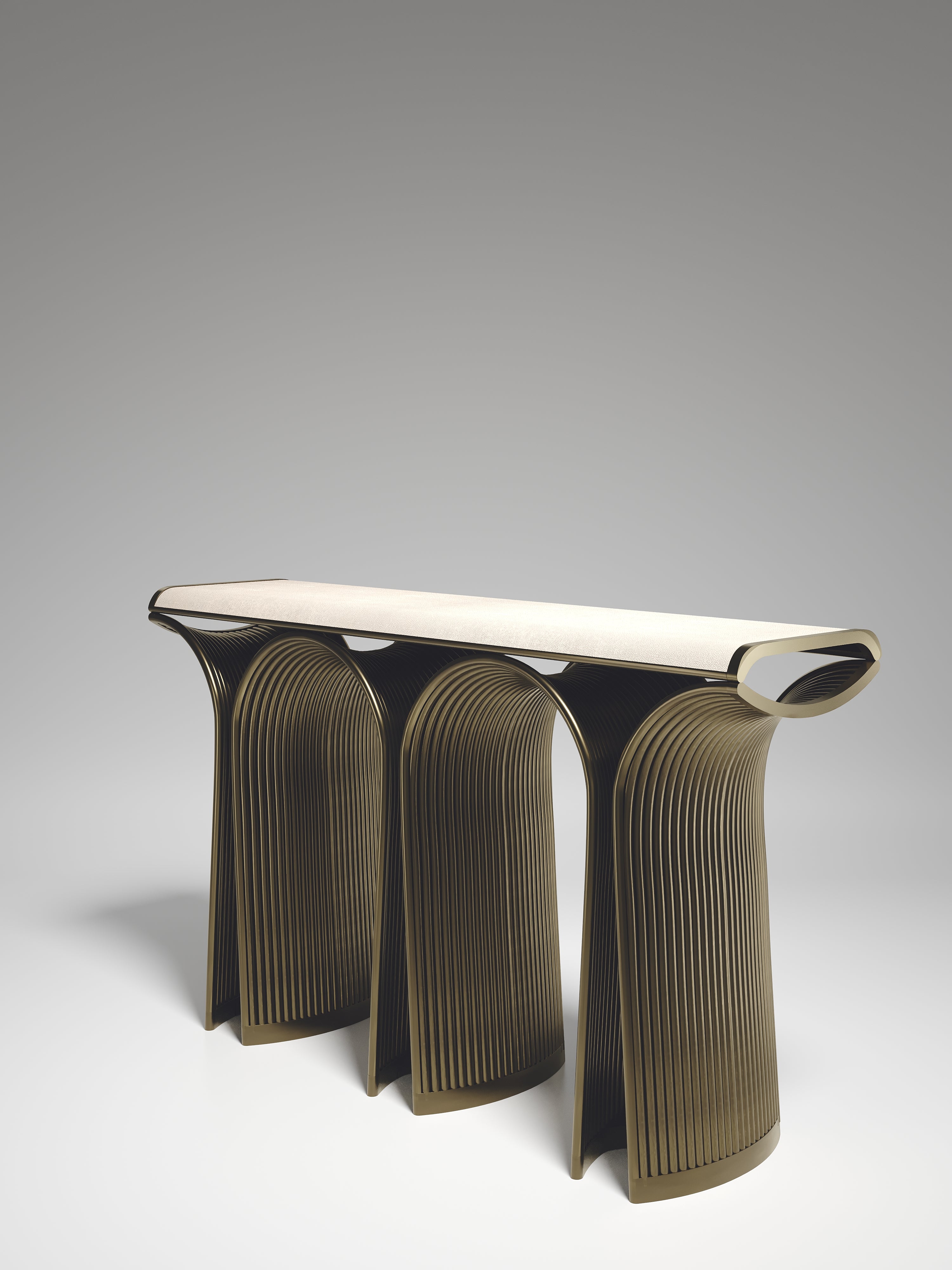 Contemporary Shell Inlaid Console with Bronze-Patina Brass Details by R&Y Augousti For Sale