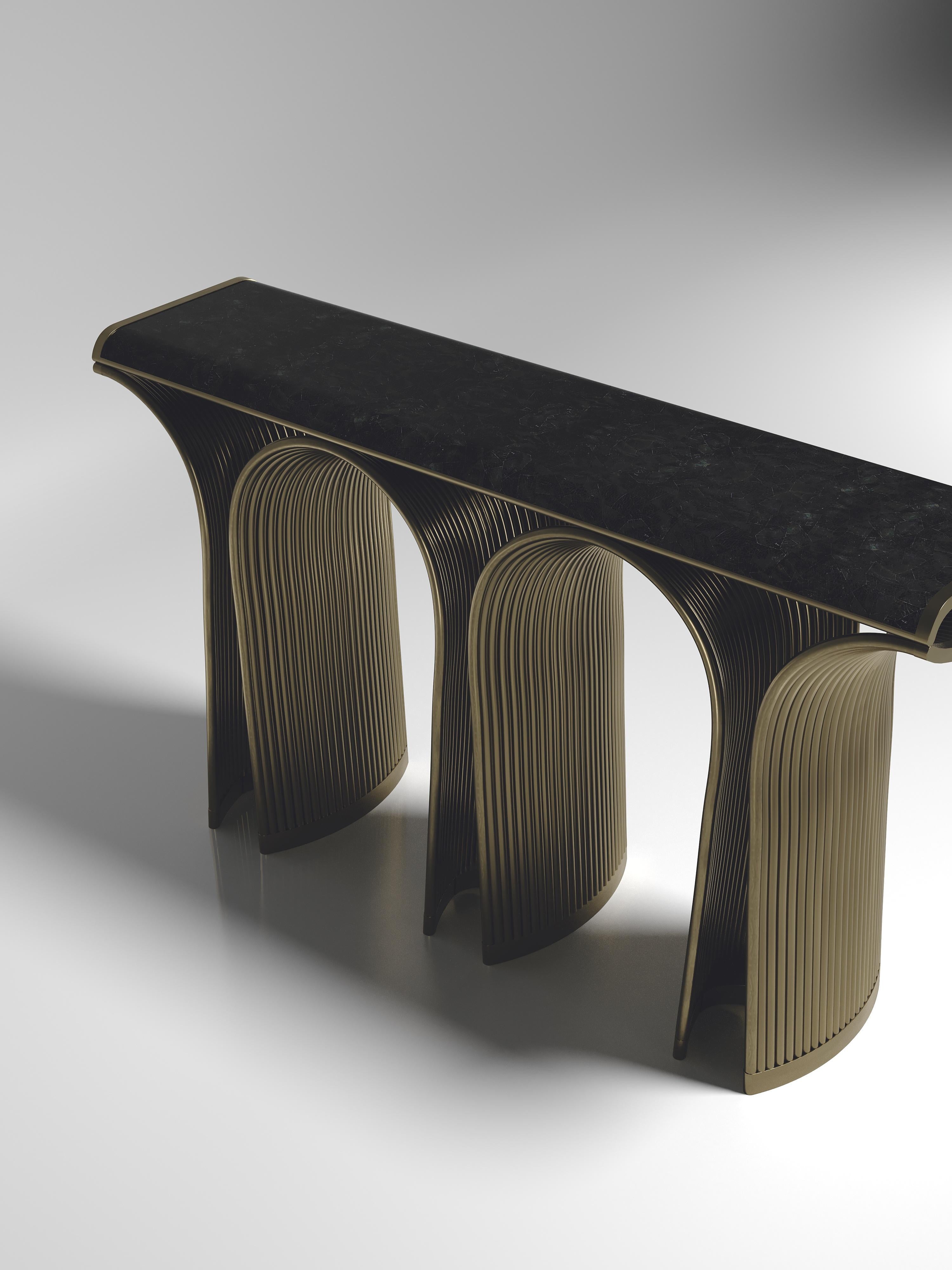 Contemporary Shell Inlaid Console with Bronze-Patina Brass Details by R&Y Augousti For Sale
