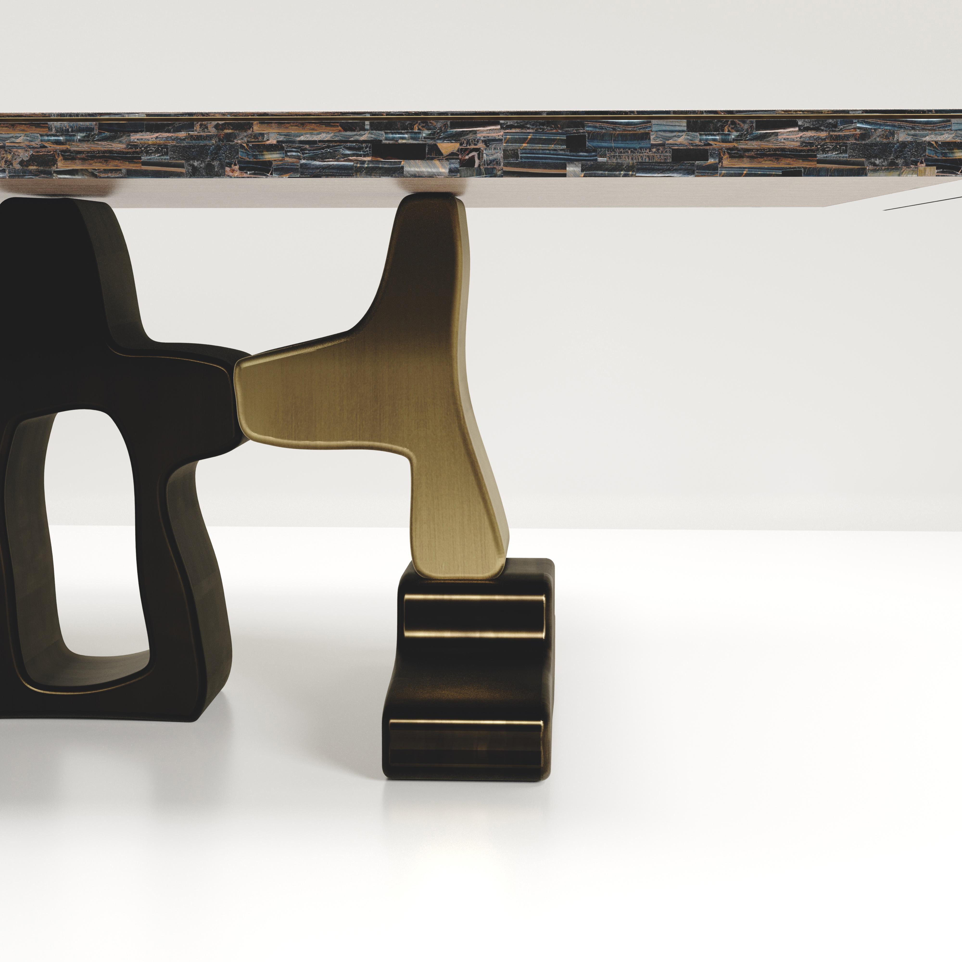 Inlay Shell Inlaid Dining Table with Bronze Patina Brass Details by Kifu Paris For Sale